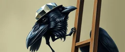 crow dad, faceted portrait, wearing mirror hat, climbing ladder, writing with chalk a nice little dog poem