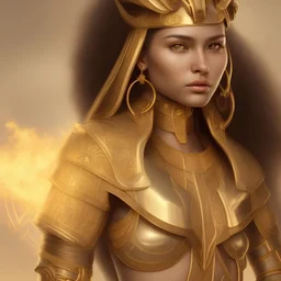 young woman, brown skin, short dark hair with golden highlights, ancient ((Egypt)),whole body, ancient armor, lion, golden jewelry, flames as clouds, magnificent, majestic, highly intricate, incredibly detailed, ultra high resolution, complex 3d render,
