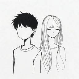 minimal continuous one-line portrait of a boy with black hair, and no face and a girl with long hair parted in the middle and no face, expressive and abstract, pen on textured paper, listening to music