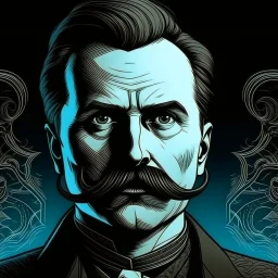 Futuristic, cyberpunk implants, Friedrich Nietzsche, Friedrich Nietzsche mustache, Comic style