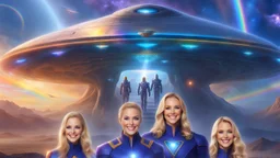 ufos rainbows,beautifuls paysages, fantastic colours,cosmic woman ,beautiful ufos rainbow, admiral from the future, galactic confédération, fine whole face, crystalline skin, expressive purple eyes,rainbow, smiling lips, very nice smile, costume pleiadian, Beautiful tall woman pleiadian Galactic commander, ship, perfect datailed golden galactic suit, high rank, long blond hair, hand whit five perfect detailed finger, amazing big puple eyes, mouth, high définition lips, cosmic happiness, bright