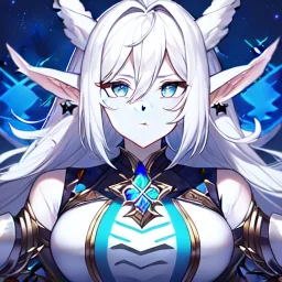 cosmic mage, elf, female, battle mage, epic, cosmic magic, long ears, white hair, face details, pale skin, jewellery, broad shoulders, sharp ears, cosmic clothes, cosmic eyes, ears shown, light out of eyes, the cosmos in eyes, stars in eyes, shining eyes, non human face, thin face, animation, detailed ears, magical eyes, non realistic, closed mouth