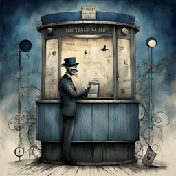 "THE TICKET MAN" style by Gabriel Pacheco and Dave McKean, Modern movie poster art, surreal cosmic horror tale about the Ticket Man who is a wooden animatronic dummy trapped in a glass carnival ticket booth, haunted dreamscape, midnight blue and gray dual color scheme, creepy, ink comic illustration, art from beyond, dramatic, poster art masterpiece.