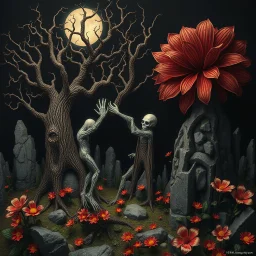 Hyperrealistic, spooky, dark, odd beings, trees, Max Ernst style, decal, rock formations, giant flowers, sharp focus, 8k, 3d, very detailed, fine art, very colorful, ornate, 35mm, F/2.8, insanely detailed and intricate, hypermaximalist, super detailed, decadent, creepy, nightmarish, Yves Tanguy