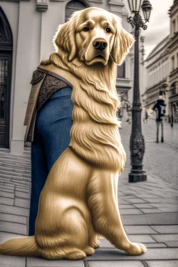 One single mature golden retriever, historic clothes, playing guitar in the street , Vienna, friendly, model style, hyper realistic, extremely accurate, delicate, extremely detailed, Graphic novel style, wide-angle, open aperture, superfine pencil