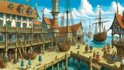 gothic medieval wooden harbour with piers and ships, people, shops, bridges, arches, balconies, taverns, blue sky