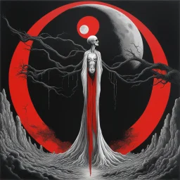 Foetus Album cover, red and black and white color scheme, The moon's so full it's spilling over There ain't no hope in Hell, Hipgnosis album art, by Greald Scarfe, dread, surreal, sinister, profound, minimalist, dramatic, N(t)=N0​⋅e−kt