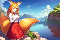 Girl, fox ears, big fox tail, orange hair, red skirt, river