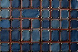 leather background covered with a grid of many rectangular weathered and faded denim patches (navy blue) that are each stitched (brown) and nailed (brass) around the edges