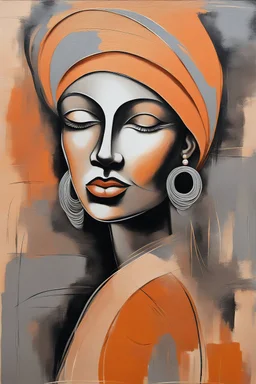 A beautiful curving abstract in light orange and grey painting of a woman's face and shoulders from the 1940's era. She wears a turbanned hat, a shawl that flows all around her and beautiful earrings. Her features are rendered with flowing, expressive lines and a vibrant, earthy color palette. The brushstrokes are thick and textured, conveying a sense of movement and emotion. Inspired by the swirling forms of Gustav Klimt and the bold colors of Henri Matisse, with elements of Art Nouveau eleganc
