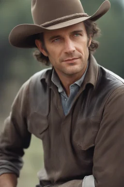 a photographic, photorealistic, true-to-life facial portrait of Tex Limbestahl. with black hair, blue eyes, wearing a ten gallon cowboy hat, head to waist image, professional quality, studio photograph shot on 35mm film