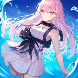 Clear focus,High resolution, Blue long hair, Light pink eyes,Wearing a pink short skirt,wearing a black collar,Looking away from the viewer, Blurry floating water