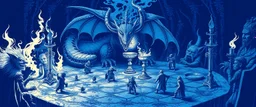 blue print of fire breathing dragon fox at banquet, big chalice, all pieces on a huge mossy hexagonal board game with miniature trolls
