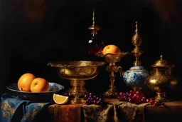 oil painting, by Willem Kalf, ((best quality)), ((masterpiece)), ((realistic, digital art)), (hyper detailed), still life, volumetric lighting, Venetian wine glass, filigree glass cover, Chinese Ming porcelain bowl, candle, gold vessel, damask cloth, Persian Carpet, Willem Kalf style