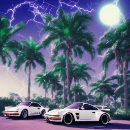 1980's aesthetic vaporwave palm trees and spheres and Porsche with lightning