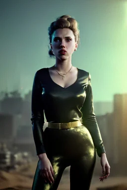 retro portrait image from 1960, New York explosion, long hair, young Scarlett Johansson, classic black tight lycra suit, gold bracelet and belt, high heel boots, soft color, highly detailed, unreal engine 5, ray tracing, RTX, lumen lighting, ultra detail, volumetric lighting, 3d, finely drawn, high definition, high resolution.