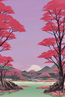 a land scape of Japanese garden, in a red moon sky, surrounded by cherry blossom trees, cel shading