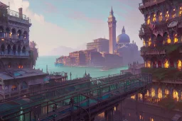 Elevated train+corner Venice building+Italian sea village +alphonse mucha, greg rutkowski,matte painting, cryengine, hyper detailed, felix kelly, fantasy art, seb mckinnon