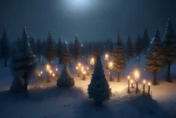 Picture of a winter wilderness with little Christmas trees made of bitcoin