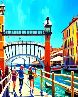 Pintura arte Bauhaus de Venecia canal puente peatonal gente cielo soleado obra de arte 4k