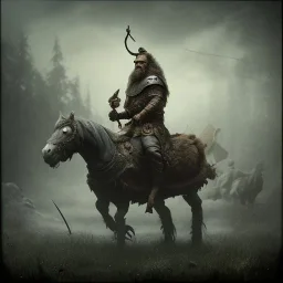 an old viking riding a horse, scary, zombie, steam punk, realistic, made in octane, cinematic, ultra-realistic, extremely detailed octane rendering, 8K, VRAY Super Real ar 2:3, dof photorealistic futuristic 50mm lens hard lighting dark gray tintype photograph, realistic lighting, sepia color