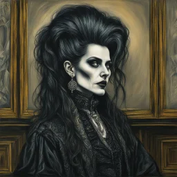 create a 3/4 profile, full body oil pastel of a dark haired, savage, ornately dressed, aged and emaciated gothpunk vampire crone with highly detailed , sharply defined hair and facial features , in a smokey 19th century drawing room in the style of JOHN SINGER SARGENT