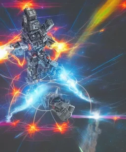 Futuristic mechwarrior shooting cosmic astral water earth air fire plasma electricity sparks glowing sigils