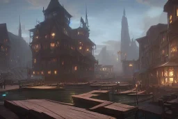 Wooden medieval fantasy docks in town, daytime, light shafts, adventurers