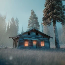 abandoned Ghosttown Gold mine Buildings in the mountains, winter, octane render, pine trees alien ship