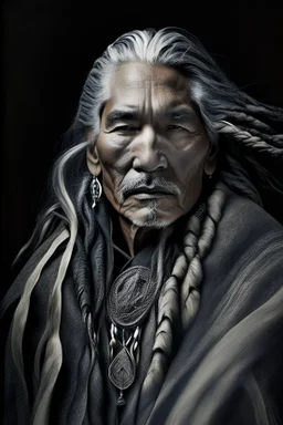 a photo of an Native american indian man with ethnic jewelry, grey hair and grey flowing robe, in style of Annie Leibovitz, contemporary portrait of a mature yet beautiful and modernist man, black and grey, detailed masculine face, swirling fluid smokey enigma, award-winning artwork