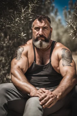 close up photography of a turkish ugly dirty burly muscular chubby farmer 47 years old, bullneck, shirtless, strong arms, big belly, manly chest, very sweat, short beard, tattoo, curly hair , short bulging pants, open legs sitting on a chair under an olive tree , sunlight, big tights, barefoot, ambient occlusion, hyper detailed photography, photorealistic, 35mm lens, side light, frontal view from below, natural colors