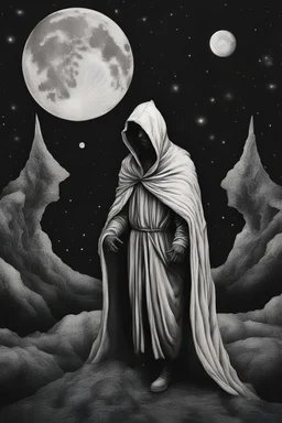 A hooded figure beneath a cosmic sky, revealing unseen truths in the moonlight. black and wihte
