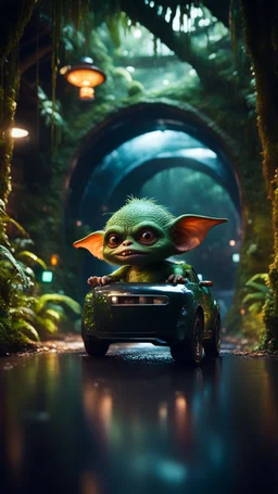 gremlin model in a car shaped like a bucket in dark lit reflective wet jungle metallic hall dome hotel tunnel, in the style of a game,bokeh like f/0.8, tilt-shift lens 8k, high detail, smooth render, down-light, unreal engine, prize winning