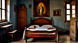 poor European small village room with a narrow old vintage wooden bed, large white pillows at the end of the bed, an old wardrobe, a small table by the wall, a kerosene lamp on it, above it there is a religion painting of the Virgin Mary the blessed mother with sacred heart on the wall, an old rectangular mirror, in front of the wooden framed window there is no curtain, simple village furniture, sharp focus, high realistic, perfect photo