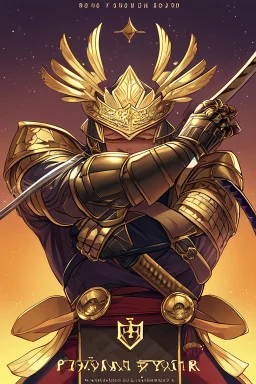 A handsome 30 year old knight, black hair, male bob haircut, in black-and-gold plate armor, golden katana in both hands, no beard, european, proper arms