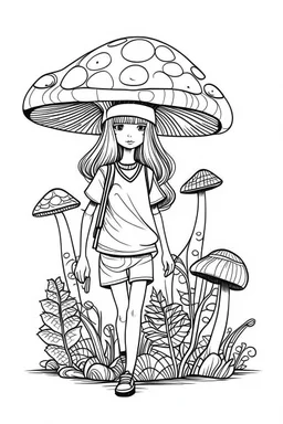 mushroom girl idea, line art, background, vector, svg, black outline on white background, leave plenty of white space beetween lines for coloring, tattoo style, tattoo idea,full body, minimalist