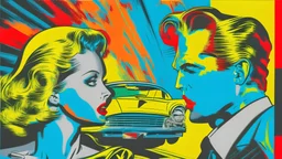 stalking a couple in love into a cadillac eldorado 1959 flammable,pop art, Andy Warhol, Roy Lichtenstein