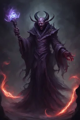 demon monster abyssal dark mage possessed by many souls with a staff