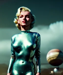 Ultra Realistic retro sci-fi 1960 scene, waist up view portrait, blonde woman, sweet young Marilyn Monroe face, perfect iris, tight latex coat, alien planet background, tight style, steel sphere dron levitating, fog, rain, soft color, highly detailed, unreal engine 5, ray tracing, RTX, lumen lighting, ultra detail, volumetric lighting, 3d, finely drawn, high definition, high resolution.