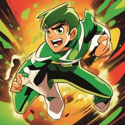 A digitally illustrated image of Ben 10, the famous cartoon character, in an action-packed scene with vibrant colors and dynamic poses to bring out his superpowers and adventurous spirit.energy and beauty of this moment.