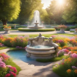 A romantic, bright place with a bench and fountain, lots of colorful flowers all on a sunny meadow. Water flows from the fountain