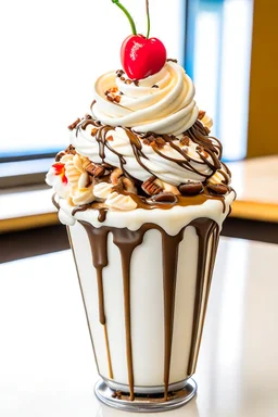 A creamy, dreamy milkshake with swirls of chocolate and caramel, topped with a mountain of whipped cream and a cherry on top.