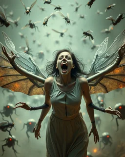horror, swarming mechanical robotic insects, screaming woman, broken wings