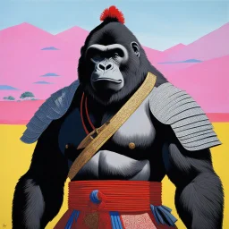 [art by David Hockney] a gorilla female with dreadlocks, clad in intricate samurai armor, stood poised on high guard, her keen eyes scanning the horizon for any sign of danger. In her powerful grip, she wielded a gleaming katana, its blade reflecting the light with a deadly glint.