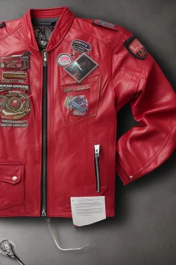 Red dunn jacket lying on a table. On top of the jacket needle and thread