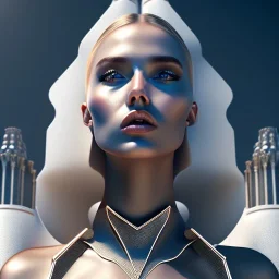 A handsome woman standing in front of a church, futuristic design, a paradise in background, close-up face, geometric armor, female face, 3d unreal engine, black face, close up armor