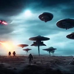 Alien verse human war on deserted planet, hyper realistic, photography, rays, amazing lighting