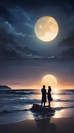 an image of a hot couple on a moonlit beach, serenaded by the gentle waves. Emphasize the romantic atmosphere and the connection between the couple as they share a moment by the sea