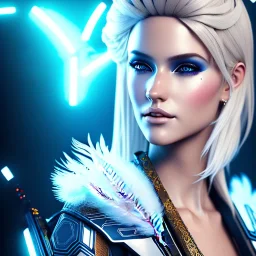 A beautiful portrait of a cute blond cyberpunk woman, high key lighting, volumetric light high details with white stripes and feathers and blue celtic paterns