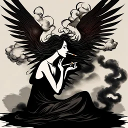 woman sitting forward Her face upward and blows cigarette smoke from their mouth upward. a figure with wings emerging from its back. behind the clouds of smoke look death. dark and mysterious